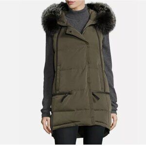 Olive Green Long Puffer Vest With Fur Hood